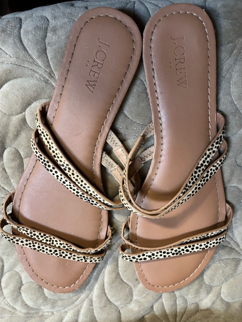 J. Crew Tan Leather Strappy Sandals with Black Spot Trim